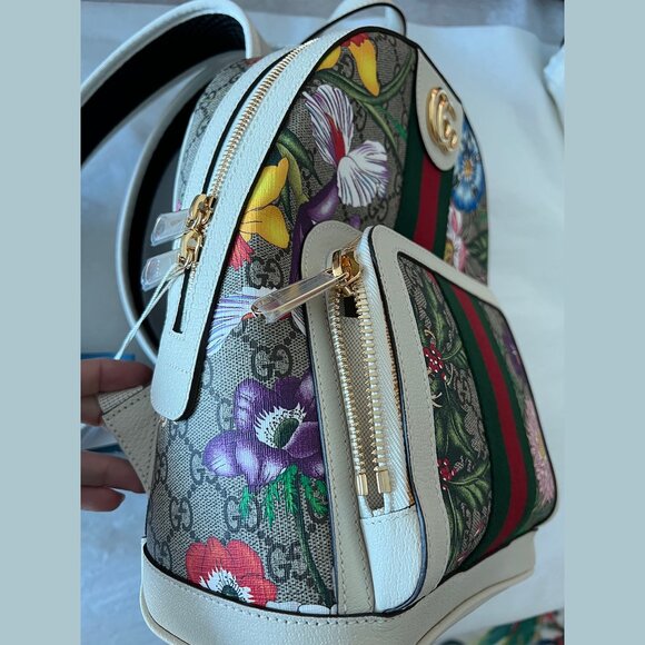 Gucci Ophidia Flora Beige White Leather Canvas Backpack Shoulder Bag Italy NEW main image 4
